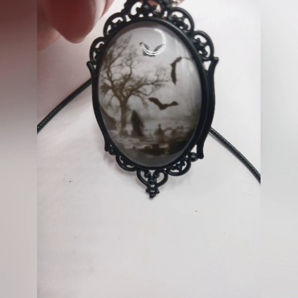 Gothic Metal Cameo Choker Graveyard Scene Necklace with Chain + Gift Box New - Picture 4 of 10